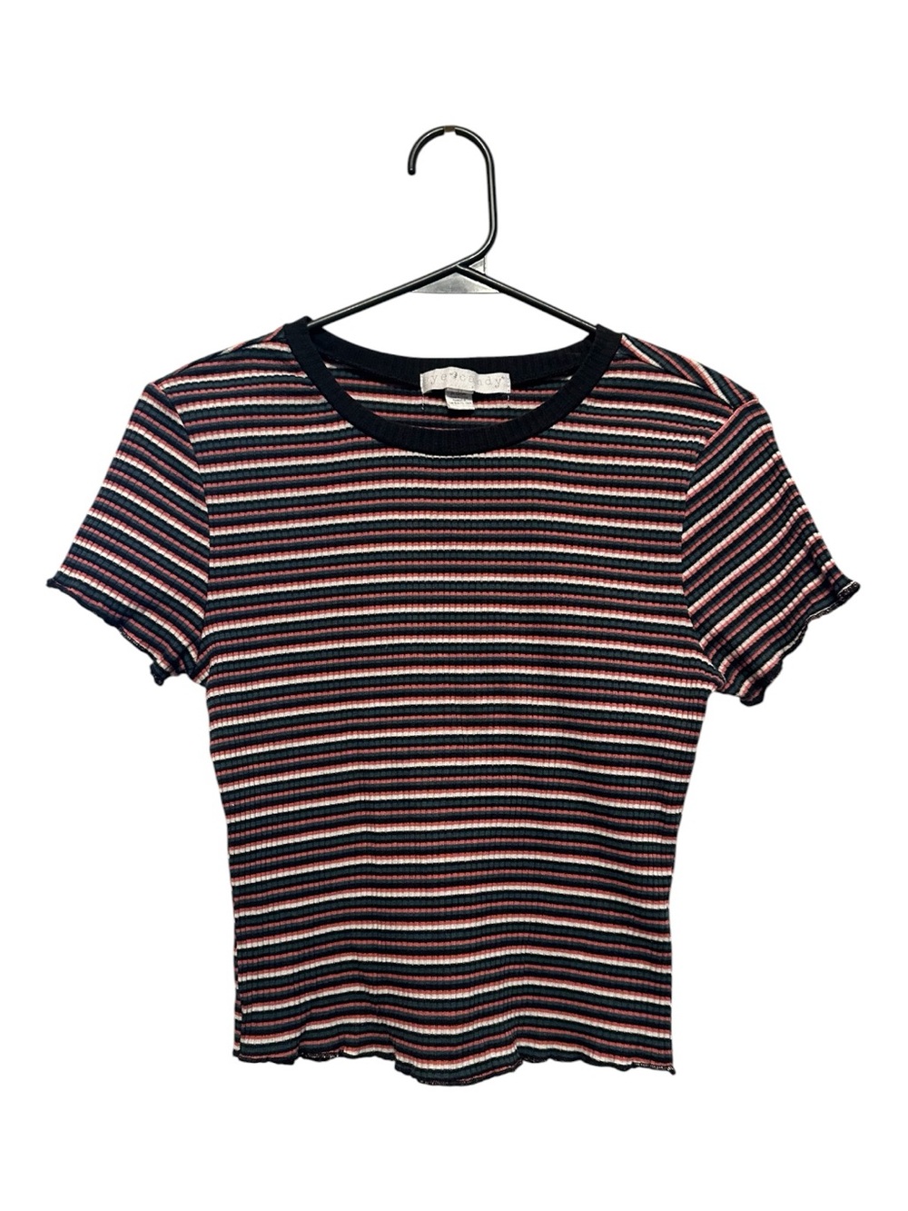 Vintage Y2K Eye Candy Skater Striped Ribbed Crop Top - Pink & Navy Size Medium